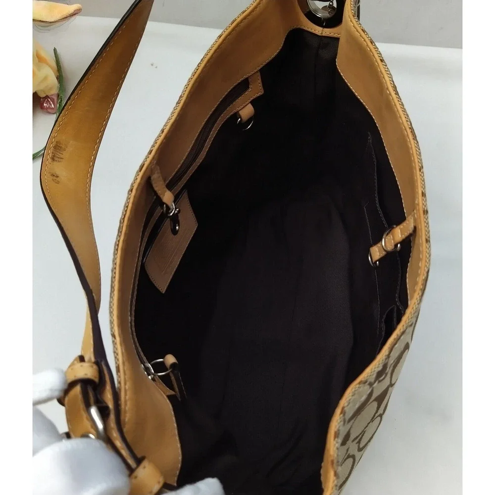 Coach Leatherware Signature Tan Brown Canvas Leather Trim Hobo Shoulder Bag